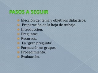 Elección del tema y objetivos didácticos.
 Preparación de la hoja de trabajo.
 Introducción.
 Preguntas.
 Recursos.
 La “gran pregunta”.
 Formación en grupos.
 Procedimiento.
 Evaluación.
 