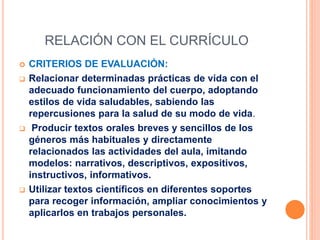 RELACIÓN CON EL CURRÍCULO
 CRITERIOS DE EVALUACIÓN:
 Relacionar determinadas prácticas de vida con el
adecuado funcionamiento del cuerpo, adoptando
estilos de vida saludables, sabiendo las
repercusiones para la salud de su modo de vida.
 Producir textos orales breves y sencillos de los
géneros más habituales y directamente
relacionados las actividades del aula, imitando
modelos: narrativos, descriptivos, expositivos,
instructivos, informativos.
 Utilizar textos científicos en diferentes soportes
para recoger información, ampliar conocimientos y
aplicarlos en trabajos personales.
 