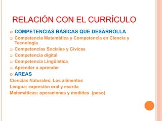 RELACIÓN CON EL CURRÍCULO
 COMPETENCIAS BÁSICAS QUE DESARROLLA
 Competencia Matemática y Competencia en Ciencia y
Tecnología
 Competencias Sociales y Cívicas
 Competencia digital
 Competencia Lingüística
 Aprender a aprender
 AREAS
Ciencias Naturales: Los alimentos
Lengua: expresión oral y escrita
Matemáticas: operaciones y medidas (peso)
 