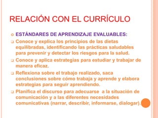 RELACIÓN CON EL CURRÍCULO
 ESTÁNDARES DE APRENDIZAJE EVALUABLES:
 Conoce y explica los principios de las dietas
equilibradas, identificando las prácticas saludables
para prevenir y detectar los riesgos para la salud.
 Conoce y aplica estrategias para estudiar y trabajar de
manera eficaz.
 Reflexiona sobre el trabajo realizado, saca
conclusiones sobre cómo trabaja y aprende y elabora
estrategias para seguir aprendiendo.
 Planifica el discurso para adecuarse a la situación de
comunicación y a las diferentes necesidades
comunicativas (narrar, describir, informarse, dialogar).
 