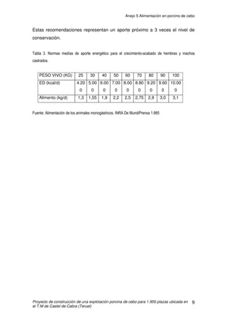 Anejo 4 Cálculos constructivos
Proyecto de construcción de una explotación porcina de cebo para 1.950 plazas ubicada en
el T.M de Castel de Cabra (Teruel)
30
9. BADEN DE DESINFECCIÓN
El badén de desinfección se ubicará a la entrada de la explotación, de
manera que cualquier vehiculo que quiera entrar deberá cruzarlo. Se llenará
con una solución desinfectante con el objetivo de eliminar cualquier parásito
que pudieran contener los neumáticos de los vehículos. Se renovará
mensualmente.
Para su construcción, se hará una excavación sobre la que se verterá
una capa de 20cm de grava y posteriormente hormigón armado HA-25 /B/20-IIa
de 15cm de espesor.
Las medidas serán 8 x 4m, con una pendiente a la entrada y la salida de 2m,
quedando 4m de solera plana con una profundidad de 0,5 m y de 0,3m de
llenado.
El armado será de malla electrosoldada con redondos ĭ 8mm cada 15cm en
las dos direcciones (15 cm x 15 cm).
10. FOSA DE CADAVERES
Según lo establecido en el Decreto 94/2009, se considera el volumen
necesario para un nivel de bajas anual del 2% a razón de 5 animales/m3
, lo que
para 1.950 cabezas suponen 7,8 (8m3
).
Se construirá a partir de dos cilindros de 2,5m de diámetro y 2m de
altura, que se asentarán enterrados en el suelo sobre una solera de 15cm de
espesor. Con estas medidas obtenemos mayor capacidad de la que se
necesita. De tapa se colocarán chapas de acero galvanizado de 2cm de
espesor. Se ubicará al lado de la fosa de purines, dentro del perímetro de
vallado.
 