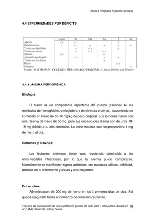 Anejo 8 Programa higiénico-sanitario
Proyecto de construcción de una explotación porcina de cebo para 1.950 plazas ubicada en
el T.M de Castel de Cabra (Teruel)
8
3.2 PLAN VACUNAL
Debe destacarse la necesidad de la vacunación frente a aquellas
patologías de prevalencia en la explotación a fin de evitar riesgos tanto en la
mortalidad de los animales como en el descenso de los niveles productivos y
de rendimiento, destacando especialmente patologías respiratorias y digestivas
(Rinitis Atrófica, Neumonía enzoótica, PRRS, Mal rojo, etc.) Se destacan
también los procesos originados por gérmenes del tipo Pasteurellas,
Haemophilus y Micoplasmas. Siempre se hace necesario el establecimiento,
seguimiento y control de los programas sanitarios elaborados por los
veterinarios, cuyo único objetivo es obtener un nivel sanitario óptimo, que logre
alcanzar la máxima productividad en la explotación porcina.
El plan vacunal tiene que ser adecuado a las enfermedades más
frecuentes de la zona donde está la explotación. En nuestro caso, solamente
vacunación de Aujezsky con diluyente oleoso, serán tres vacunas:
-La primera vacuna a los 15 días de la entrada de los cerdos en nuestra
explotación.
-La segunda vacuna a los 45 días de la entrada de los cerdos en nuestra
explotación.
-La tercera a las 10 semanas de la entrada de los cerdos en nuestra
explotación.
 