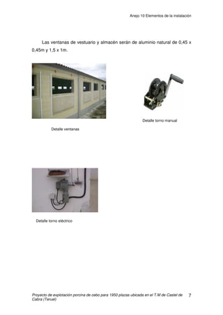 Anejo 9 Instalaciones
Proyecto de construcción de una explotación porcina de cebo para 1.950 plazas ubicada en
el T.M de Castel de Cabra (Teruel)
19
q = k x Q y
Respecto a los caudales de las conducciones se adopta en la primaria
un valor de 1 m/s.
Esta tubería abastecerá tanto a todos los bebederos como a 4 tomas de
agua, un lavabo, una ducha y un WC. Los caudales adoptados serán:
• Bebedero de chupete: 1,5 l/min = 0,025 l/s
• Bebedero de cazoleta: 3 l/min= 0,05 l/s
• Tomas de agua: 0,3 l/s
• Lavabo: 0,1 l/s
• Ducha: 0,1 l/s
•W.C: 0,2 l/s
Lo que supone un gasto máximo de:
• Qnaves = 152 chupetes de 0,025 l/s + 152 cazoletas de 0,05 l/s + 4 tomas de
agua de 0,3l/s = 3,8 + 7,6 + 1,2 = 12,6 l/s
• Qaseo = 0,1 + 0,1 + 0,2 = 0,4 l/s
• Qtotal = 12,6 + 0,4 =13 l/s
5,0
)1(
1
−
=
n
K
 