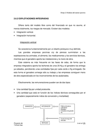 Anejo 2 Análisis del sector porcino
Proyecto de construcción de una explotación porcina de cebo para 1.950 plazas ubicada en el
T.M de Castel de Cabra (Teruel)
24
2.6 LA ESTRUCTURA DE LA PRODUCCIÓN INTENSIVA EN ESPAÑA
Las explotaciones se pueden dividir según su forma de organización
productiva en:
• Explotaciones financiadas.
• Explotaciones integradas.
• Explotaciones libres.
A continuación describiremos cada una de estas formas de organización.
2.6.1 EXPLOTACIONES FINANCIADAS
Son aquellas que recurren a fuentes externas a la propia explotación. Este
tipo de explotación suele recurrir al crédito de proveedores, conserva su
independencia empresarial y asume todos los riesgos de explotación y los riesgos
de mercado.
 