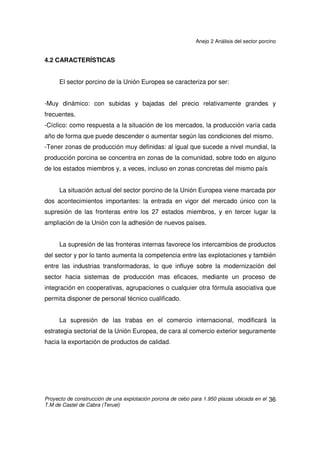 Anejo 2 Análisis del sector porcino
Proyecto de construcción de una explotación porcina de cebo para 1.950 plazas ubicada en el
T.M de Castel de Cabra (Teruel)
35
4. EL SECTOR PORCINO EN EUROPA
4.1 CENSO PORCINO
El censo de porcino español es el que más ha crecido de la UE en los
últimos años, excepción hecha de Irlanda, que tiene un censo reducido; los
crecimientos de Dinamarca, Francia y Alemania se encuentran muy alejados y
Holanda, que se consideraba un posible competidor, ha reducido sus efectivos. De
los nuevos países miembros, únicamente Polonia y, en menor medida, Hungría
tienen censos importantes. De los grandes productores europeos, únicamente
España tiene censos en expansión.
Fuentes: EUROSTAT y Estadísticas del MARM.
Elaboración: S.G. Productos Ganaderos.
 