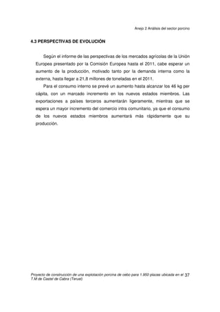 Anejo 2 Análisis del sector porcino
Proyecto de construcción de una explotación porcina de cebo para 1.950 plazas ubicada en el
T.M de Castel de Cabra (Teruel)
36
4.2 CARACTERÍSTICAS
El sector porcino de la Unión Europea se caracteriza por ser:
-Muy dinámico: con subidas y bajadas del precio relativamente grandes y
frecuentes.
-Cíclico: como respuesta a la situación de los mercados, la producción varía cada
año de forma que puede descender o aumentar según las condiciones del mismo.
-Tener zonas de producción muy definidas: al igual que sucede a nivel mundial, la
producción porcina se concentra en zonas de la comunidad, sobre todo en alguno
de los estados miembros y, a veces, incluso en zonas concretas del mismo país
La situación actual del sector porcino de la Unión Europea viene marcada por
dos acontecimientos importantes: la entrada en vigor del mercado único con la
supresión de las fronteras entre los 27 estados miembros, y en tercer lugar la
ampliación de la Unión con la adhesión de nuevos países.
La supresión de las fronteras internas favorece los intercambios de productos
del sector y por lo tanto aumenta la competencia entre las explotaciones y también
entre las industrias transformadoras, lo que influye sobre la modernización del
sector hacia sistemas de producción mas eficaces, mediante un proceso de
integración en cooperativas, agrupaciones o cualquier otra fórmula asociativa que
permita disponer de personal técnico cualificado.
La supresión de las trabas en el comercio internacional, modificará la
estrategia sectorial de la Unión Europea, de cara al comercio exterior seguramente
hacia la exportación de productos de calidad.
 
