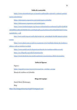 10
Tabla de contenido
https://www.minambiente.gov.co/asuntos-ambientales-sectorial-y-urbana/contami
nacion-atmosferica/
https://datosmacro.expansion.com/estado/gasto/colombia
https://datosmacro.expansion.com/estado/gasto
https://www.fundacionaquae.org/causas-contaminacion-ambiental/?gclid=Cj0KCQi
AkNiMBhCxARIsAIDDKNWytfmv3x8idEgSugNL454da3J9k0xcd7Cz5W5jEK6GtjI0UUdrvg
AaAnltEALw_wcB
http://www.scielo.org.mx/scielo.php?script=sci_arttext&pid=S0188-499920150003
00009
https://www.elpais.com.co/cali/en-se-generan-1700-toneladas-diarias-de-residuos-s
olidos-y-solo-se-recicla-el-10.html
https://www.acodal.com/la-disposicion-final-de-los-residuos-solidos-en-cali/
https://es.wikipedia.org/wiki/Contaminación
https://www.iberdrola.com/medio-ambiente/consecuencias-efecto-invernadero
Tabla de figuras
Figura 1
https://img.lalr.co/cms/2021/01/01115415/rse_reciclaje_p15.jpg
Manejo de residuos en Colombia
Blogs del equipo
Daniel Marin Montenegro
Blog:
https://tecnologyandcomputing2019.blogspot.com
 