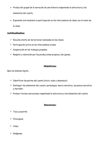  Producción grupal de la narración de una historia respetando la estructura y los
elementos del cuento.
 Expresión oral mediante la participación en los intercambios de ideas con el resto de
la clase.
Actitudinales:
 Escucha atenta de las lecturas realizadas en las clases.
 Participación activa en los intercambios orales.
 Cooperación en los trabajos grupales.
 Respeto y valoración por las producciones propias y las ajenas.
Objetivos:
Que los alumnos logren…
 Identificar las partes del cuento (inicio, nudo y desenlace).
 Distinguir los elementos del cuento: personajes, marco narrativo, secuencia narrativa
y narrador.
 Producir breves narraciones respetando la estructura y los elementos del cuento.
Recursos:
 Tiza y pizarrón.
 Fotocopias.
 Video.
 Imágenes.
 