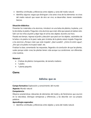  Identifica similitudes y diferencias entre objetos y seres del medio natural.
 Identifica algunos rasgos que distinguen a los seres vivos de los elementos no vivos
del medio natural: que nacen de otro ser vivo, se desarrollan, tienen necesidades
básicas.
Situación didáctica:
Presentar los materiales a los alumnos, introducir en una bolsa de plástico, la planta, y en
la otra bolsa, la piedra. Preguntar a los alumnos que creen ellos que pasará al realizar esto.
Salir con los niños al jardín y dejar bajo el sol los dos objetos durante una hora.
Pasado ese tiempo, regresar al jardín y descubrir que pasó con los objetos, sacándolos de
la bolsa: a la piedra no le pasó nada, pero la bolsa de la planta estará mojada. Preguntar
a los alumnos ¿Porque creen que está mojada?, ¿Qué sucedió?, ¿Cómo le entró agua?,
¿Por qué a la piedra no le pasó nada?, etc.
Finalizar la clase, comentando las respuestas, llegando a la conclusión de que las plantas,
sudan porque están vivas, las plantas tienen vida aunque sus condiciones son diferentes
a las nuestras.
Material:
 2 bolsas de plástico transparentes, de tamaño mediano
 1 piedra
 1 planta pequeña
Cierre:
Adivina que es
Campo formativo: Exploración y conocimiento del mundo
Aspecto: Mundo natural
Competencia:
Observa características relevantes de elementos del medio y de fenómenos que ocurren
en la naturaleza; distingue semejanzas y diferencias, y las describe con sus propias
palabras.
Aprendizajes esperados:
 Identifica similitudes y diferencias entre objetos y seres del medio natural.
 