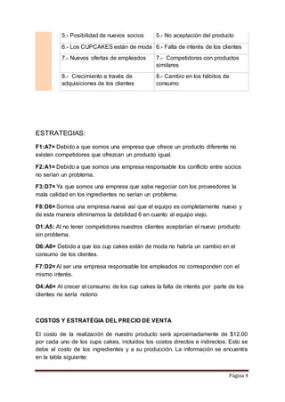 5.- Posibilidad de nuevos socios 5.- No aceptación del producto 
6.- Los CUPCAKES están de moda 6.- Falta de interés de los clientes 
7.- Nuevos ofertas de empleados 7.- Competidores con productos 
Página 4 
similares 
8.- Crecimiento a través de 
adquisiciones de los clientes 
8.- Cambio en los hábitos de 
consumo 
ESTRATEGIAS: 
F1:A7= Debido a que somos una empresa que ofrece un producto diferente no 
existen competidores que ofrezcan un producto igual. 
F2:A1= Debido a que somos una empresa responsable los conflicto entre socios 
no serían un problema. 
F3:D7= Ya que somos una empresa que sabe negociar con los proveedores la 
mala calidad en los ingredientes no serían un problema. 
F8:D6= Somos una empresa nueva así que el equipo es completamente nuevo y 
de esta manera eliminamos la debilidad 6 en cuanto al equipo viejo. 
O1:A5: Al no tener competidores nuestros clientes aceptarían el nuevo producto 
sin problema. 
O6:A8= Debido a que los cup cakes están de moda no habría un cambio en el 
consumo de los clientes. 
F7:D2= Al ser una empresa responsable los empleados no corresponden con el 
mismo interés. 
O4:A6= Al crecer el consumo de los cup cakes la falta de interés por parte de los 
clientes no sería notorio 
COSTOS Y ESTRATÉGIA DEL PRECIO DE VENTA 
El costo de la realización de nuestro producto será aproximadamente de $12.00 
por cada uno de los cups cakes, incluidos los costos directos e indirectos. Esto se 
debe al costo de los ingredientes y a su producción. La información se encuentra 
en la tabla siguiente: 
 