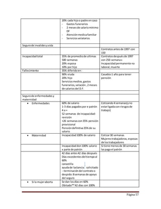 Página 57 
20% cada hijo o padre en caso 
- Gastos funerarios 
- 2 meses de salario mínimo 
DF 
- Atención medica familiar 
- Servicios velatorios 
Seguro de invalides y vida 
Contratos antes de 1997 con 
150 
Incapacidad total 35% de promedio de ultimas 
500 semanas 
20% esposa 
10% por hijo 
Contratos después de 1997 
con 250 semana s 
Incapacidad permanente no 
laboral, muerte 
Fallecimiento 35% diferido en : 
90% viuda 
20% hijo 
Servicios medios, gastos 
funerarios, velación , 2 meses 
de salarios del D.F. 
Casados 1 año para tener 
pensión 
Seguro de enfermedades y 
maternidad 
 Enfermedades 60% de salario 
1-3 días pagados por e patrón 
4 a + 
52 semanas de incapacidad-revisión 
+26 semanas con 35% pensión 
provisional 
Pensión definitiva 35% de su 
salario 
Cotizando 4 semanas(y no 
estar ligada con riesgos de 
trabajo) 
 Maternidad Incapacidad 100% de salario Cotizar 30 semanas 
Mujeres trabajadoras, esposas 
de los trabajadores 
Incapacidad don 100% salario 
x parte de patrón 
Si tiene menos de 30 semanas 
las paga el patrón 
42 días antes 42 días después 
Días excedentes del tiempo al 
60% 
canastilla 
ayuda de lactancia solicitado 
--terminación del contrato o 
despido: 8 semanas de apoyo 
del seguro 
 Si la mujer aborta Se dan los días en 60% 
Obitado** 42 días con 100% 
 