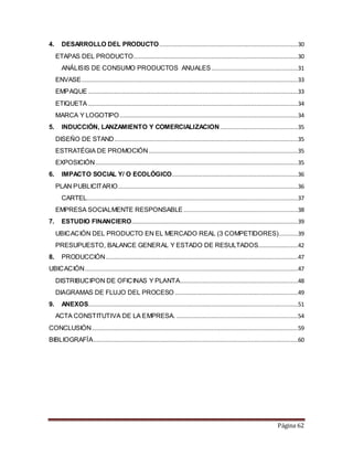 4. DESARROLLO DEL PRODUCTO ................................................................................30 
ETAPAS DEL PRODUCTO ...............................................................................................30 
ANÁLISIS DE CONSUMO PRODUCTOS ANUALES..................................................31 
ENVASE.............................................................................................................................33 
EMPAQUE .........................................................................................................................33 
ETIQUETA .........................................................................................................................34 
MARCA Y LOGOTIPO.......................................................................................................34 
5. INDUCCIÓN, LANZAMIENTO Y COMERCIALIZACION .............................................35 
DISEÑO DE STAND ..........................................................................................................35 
ESTRATÉGIA DE PROMOCIÓN ......................................................................................35 
EXPOSICIÓN .....................................................................................................................35 
6. IMPACTO SOCIAL Y/ O ECOLÓGICO.........................................................................36 
PLAN PUBLICITARIO........................................................................................................36 
CARTEL..........................................................................................................................37 
EMPRESA SOCIALMENTE RESPONSABLE ..................................................................38 
7. ESTUDIO FINANCIERO ................................................................................................39 
UBICACIÓN DEL PRODUCTO EN EL MERCADO REAL (3 COMPETIDORES) ...........39 
PRESUPUESTO, BALANCE GENERAL Y ESTADO DE RESULTADOS.......................42 
8. PRODUCCIÓN ...............................................................................................................47 
UBICACIÓN ...........................................................................................................................47 
DISTRIBUCIPON DE OFICINAS Y PLANTA....................................................................48 
DIAGRAMAS DE FLUJO DEL PROCESO .......................................................................49 
9. ANEXOS.........................................................................................................................51 
ACTA CONSTITUTIVA DE LA EMPRESA. ......................................................................54 
CONCLUSIÓN .......................................................................................................................59 
BIBLIOGRAFÍA ......................................................................................................................60 
Página 62 
