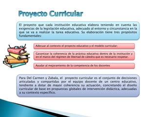 Para Del Carmen y Zabala, el proyecto curricular es el conjunto de decisiones
articuladas y compartidas por el equipo docente de un centro educativo,
tendiente a dotar de mayor coherencia su actuación, concretando el diseño
curricular de base en propuestas globales de intervención didáctica, adecuadas
a su contexto específico.
El proyecto que cada institución educativa elabora teniendo en cuenta las
exigencias de la legislación educativa, adecuado al entorno y circunstancia en la
que se va a realizar la tarea educativa. Su elaboración tiene tres propósitos
fundamentales:
Adecuar al contexto el proyecto educativo y el modelo curricular;
Garantizar la coherencia de la práctica educativa dentro de la institución y
en el marco del régimen de libertad de cátedra que es necesario respetar.
Ayudar al mejoramiento de la competencia de los docentes
 