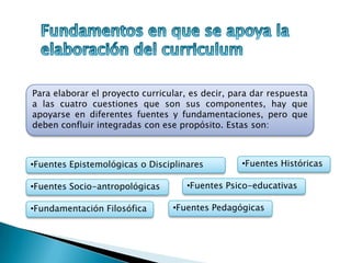 Para elaborar el proyecto curricular, es decir, para dar respuesta
a las cuatro cuestiones que son sus componentes, hay que
apoyarse en diferentes fuentes y fundamentaciones, pero que
deben confluir integradas con ese propósito. Estas son:
•Fundamentación Filosófica
•Fuentes Epistemológicas o Disciplinares •Fuentes Históricas
•Fuentes Pedagógicas
•Fuentes Socio-antropológicas •Fuentes Psico-educativas
 