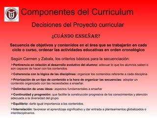 Componentes del Curriculum
Decisiones del Proyecto curricular
¿Cuándo enseñar?
Secuencia de objetivos y contenidos en el área que se trabajarán en cada
ciclo o curso, ordenar las actividades educativas en orden cronológico
Según Carmen y Zabala, los criterios básicos para la secuenciación:
Pertinencia en relación al desarrollo evolutivo del alumno: adecuar lo que los alumnos saben o
son capaces de hacer con los contenidos.
Coherencia con la lógica de las disciplinas: organizar los contenidos referente a cada disciplina.
Priorización de un tipo de contenido a la hora de organizar las secuencias: adoptar un
contenido organizado con las necesidades a enseñar.
Delimitación de unas ideas: aspectos fundamentales a enseñar
Continuidad y progresión: que facilite la construcción progresiva de los conocimientos y atención
adecuada a la diversidad del grupo.
Equilibrio: darle igual importancia a los contenidos.
Interrelación: favorecer el aprendizaje significativo y dar entrada a planteamientos globalizados o
interdisciplinarios.
 