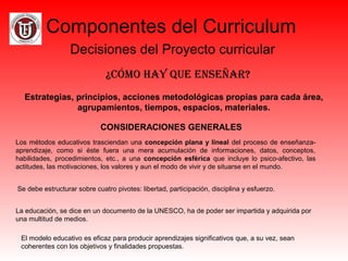 Componentes del Curriculum
Decisiones del Proyecto curricular
¿Cómo hay Que enseñar?
Estrategias, principios, acciones metodológicas propias para cada área,
agrupamientos, tiempos, espacios, materiales.
CONSIDERACIONES GENERALES
Los métodos educativos trasciendan una concepción plana y lineal del proceso de enseñanza-
aprendizaje, como si éste fuera una mera acumulación de informaciones, datos, conceptos,
habilidades, procedimientos, etc., a una concepción esférica que incluye lo psico-afectivo, las
actitudes, las motivaciones, los valores y aun el modo de vivir y de situarse en el mundo.
Se debe estructurar sobre cuatro pivotes: libertad, participación, disciplina y esfuerzo.
La educación, se dice en un documento de la UNESCO, ha de poder ser impartida y adquirida por
una multitud de medios.
El modelo educativo es eficaz para producir aprendizajes significativos que, a su vez, sean
coherentes con los objetivos y finalidades propuestas.
 