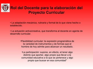 Rol del Docente para la elaboración del
Proyecto Curricular
• La adaptación mecánica, rutinaria y formal de lo que viene hecho o
establecido.
• La actuación activa/creativa, que transforma al docente en agente de
desarrollo curricular.
•Flexibilidad curricular: la expresión programática de
la variedad de instrumentos y de formas que el
hombre de hoy admite para alcanzar un resultado.
•La participación: supone, en efecto, el tener algo
distinto que aportar, algo propio que llevar a la
comunidad educativa a la que se pertenece y algo
propio que buscar en esa comunidad"
 