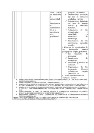 como casos
de diversidad
e
exclusividad
.
Contribuye a
la
sistematizaci
ón de la
experiencia
pre-
profesional.
geografía y economía .
 Orientaciones didácticas
del área de formación
,ciudadana y cívica
 Orientaciones didácticas
del área de persona
familia y relaciones
humanas .
 Articulación de las
competencias y
capacidades en
situaciones de
aprendizaje .
 Socialización de las
experiencias trabajadas
en aula .
• Criterios de organización de
los documentos técnico
pedagógicos: carpeta, portafolio.
 Los materiales de
enseñanza
 Condiciones de
aprendizaje .
 Diversidad y políticas de
inclusión .
 Organización de los
documentos técnicos
pedagógicos :carpeta
,portafolio .etc.……
• Talleres de sistematización
Trabajos a realizar
 MINEDU (2005).DISEÑO CURRICULAR NACIONAL DE EDUCACION BASICA REGULAR .LIMA –PERU:FIMART S.A.C.
EDITORES E IMPRESORES .
 MINEDU (2006)AREA DE CIENCIA SOCIALWS .LIMA-PERU :FIMART S.A.C.
 MINEDU (2015) RUTAS DEL APRENDIZAJE ¿QUE Y COMO APRENDEN NUESTROS ADOLECENTES ? FASCICULO
1 .EJERCE PLENAMENTE SU CIUDADANIA VI Y VII CICLO .LIMA-PERU :INDUSTRIA GRAFICA CIMAGRAF S.A.C.
 MINEDU (2015) RUTAS DEL APRENDIZAJE VERSION 2015 ¿QUE COMO APRENDEN NUESTROS ESTUDIANTES ?
VI Y VII CICLO .AREA CURRICULAR HISTORIA ,GEOGRAFIA Y ECONOMIA .LIMA-PERU :QUAD /GRAPHICS PERU
SA.C.
 OCAÑA FERNANDEZ Y (2009) .LAS CIENCIAS SOCIALES Y SU ENSEÑANZA .FORMEMOS ESTUDIANTES
CREATIVOS,CRITICOS Y COOPERATIVOS ,INVESTIGACION EDUCATIVA 7.
 SANTISTEBAN FERNANDEZ ,A (2010) LA FORMACION DE COMPETENCIA DE PENSAMIENTO HISTORICO
.MEMORIA ACADEMICA ,24.
UNIDOS A.N.(S/F) COMO APRENDEN LOS ESTUDIANTES .HISTORIA EN UN AULA DE CLASE .OBTENIDO DE
HTTP://WWW.EDUTEKA.ORG/COMO APRENDENLOSESTUDIANTES.PHP
 