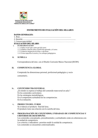 INSTITUTO DE EDUCACIÓN
SUPERIOR PEDAGÓGICO
“HORACIO ZEBALLOS GÁMEZ”
INSTRUMENTO DE EVALUACIÒN DEL SILLABUS
DATOS GENERALES:
1. Área:……………………………………………………………………………………………..……….
2. Docente:………………………………………………………………………………………………………….
3. Carrera/especialidad: …………………………………………………………
EVALUACION DEL SILABO:
i. FUNDAMENTACION
1.1. Explica el por qué y para qué del curso.
1.2. Establece relación entre el perfil del egresado y el curso.
1.3. Evidencia integración de áreas o sub-áreas.
1.4. El área específica la teoría y los enfoque pedagógicos.
ii. SUMILLA
Correspondencia del área con el Diseño Curricular Básico Nacional.(DCBN)
iii. COMPETENCIA GLOBAL
Comprende las dimensionas personal, profesional-pedagógico y socio
comunitario..
iv. CONTENIDO TRANSVERSAL
¿En donde se expresa el trabajo del contenido transversal en aula.?
En los contenidos curriculares.
En las estrategias metodològicas.
En el componente actitudinal de las competencias.
En la evaluaciòn.
v. PRODUCTO DEL CURSO
Se evidencia el producto final del àrea..
El producto tiene una relaciòn con la sumilla del àrea.
vi. PROGRAMACIÓN DE CONTENIDOS, UNIDADAES DE COMPETENCIAS Y
CRITERIOS DE DESEMPEÑO:
Los contenidos conceptuales, procedimentales y actitudinales están en coherencias con
la unidad de competencia.
Los criterios e indicadores permiten medir la unidad de competencia.
Los contenidos se encuentran contextualizados.
 