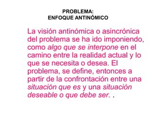 PROBLEMA:
ENFOQUE ANTINÓMICO
La visión antinómica o asincrónica
del problema se ha ido imponiendo,
como algo que se interpone en el
camino entre la realidad actual y lo
que se necesita o desea. El
problema, se define, entonces a
partir de la confrontación entre una
situación que es y una situación
deseable o que debe ser. .
 