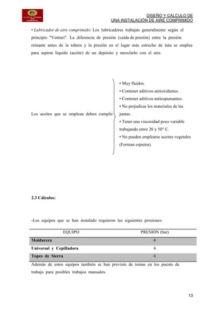 DISEÑO Y CÁLCULO DE
UNA INSTALACIÓN DE AIRE COMPRIMIDO
13
• Lubricador de aire comprimido: Los lubricadores trabajan generalmente según el
principio "Venturi". La diferencia de presión (caída de presión) entre la presión
reinante antes de la tobera y la presión en el lugar más estrecho de ésta se emplea
para aspirar líquido (aceite) de un depósito y mezclarlo con el aire.
Los aceites que se emplean deben cumplir:
• Muy fluidos.
• Contener aditivos antioxidantes.
• Contener aditivos antiespumantes.
• No perjudicar los materiales de las
juntas.
• Tener una viscosidad poco variable
trabajando entre 20 y 50° C.
• No pueden emplearse aceites vegetales
(Forman espuma).
2.3 Cálculos:
-Los equipos que se han instalado requieren las siguientes presiones:
EQUIPO PRESIÓN (bar)
Moldurera 6
Universal y Cepilladora 6
Topes de Sierra 6
Además de estos equipos también se han previsto de tomas en los puesto de
trabajo para posibles trabajos manuales.
 