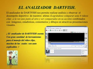 EL ANALIZADOR DARTFISH.
El analizador de DARTFISH nos permite realizar análisis y observar el
desempeño deportivo de nuestros atletas (Lográndose comparar asta 4 videos
clips a la ves uno junto al otro y ser comparados en su acción) combinados
con imágenes, estadísticas, comentarios y dibujos en atractivas presentaciones
visuales.


¡ El analizador de DARTFISH cuenta
Con gran cantidad de herramientas
para el manejo del video clips,
muchas de las cuales son auto
explicables !
 