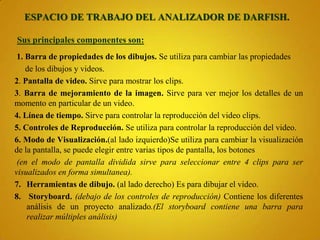 ESPACIO DE TRABAJO DEL ANALIZADOR DE DARFISH.

Sus principales componentes son:
 1. Barra de propiedades de los dibujos. Se utiliza para cambiar las propiedades
    de los dibujos y videos.
2. Pantalla de video. Sirve para mostrar los clips.
3. Barra de mejoramiento de la imagen. Sirve para ver mejor los detalles de un
momento en particular de un video.
4. Línea de tiempo. Sirve para controlar la reproducción del video clips.
5. Controles de Reproducción. Se utiliza para controlar la reproducción del video.
6. Modo de Visualización.(al lado izquierdo)Se utiliza para cambiar la visualización
de la pantalla, se puede elegir entre varias tipos de pantalla, los botones
 (en el modo de pantalla dividida sirve para seleccionar entre 4 clips para ser
visualizados en forma simultanea).
7. Herramientas de dibujo. (al lado derecho) Es para dibujar el video.
8. Storyboard. (debajo de los controles de reproducción) Contiene los diferentes
    análisis de un proyecto analizado.(El storyboard contiene una barra para
    realizar múltiples análisis)
 