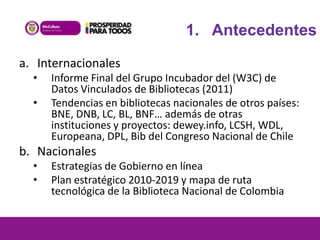 1. Antecedentes
a. Internacionales
•
•

Informe Final del Grupo Incubador del (W3C) de
Datos Vinculados de Bibliotecas (2011)
Tendencias en bibliotecas nacionales de otros países:
BNE, DNB, LC, BL, BNF… además de otras
instituciones y proyectos: dewey.info, LCSH, WDL,
Europeana, DPL, Bib del Congreso Nacional de Chile

b. Nacionales
•
•

Estrategias de Gobierno en línea
Plan estratégico 2010-2019 y mapa de ruta
tecnológica de la Biblioteca Nacional de Colombia

 