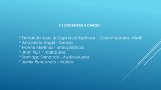 2.1 DOCENTES A CARGO:
* Fernando rojas & Olga lúcia Espinosa - Coordinadores 40x40
* Ana Maria Angel - Danzas
* Ivonne Martinez - artes plásticas
* Jhon Ruiz - malabares
* Santiago Fernando - Audiovisuales
* Javier Roncancio - música
 
