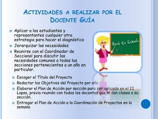 ACTIVIDADES A REALIZAR POR EL
DOCENTE GUÍA
 Aplicar a los estudiantes y
representantes cualquier otra
estrategia para hacer el diagnóstico
 Jerarquizar las necesidades
 Reunirse con el Coordinador de
Seccional para discutir las
necesidades comunes a todas las
secciones pertenecientes a un año en
particular.
 Escoger el Título del Proyecto
 Redactar los Objetivos del Proyecto por año
 Elaborar el Plan de Acción por sección para ser aplicado en el II
Lapso, previa reunión con todos los docentes que le dan clases a su
sección.
 Entregar el Plan de Acción a la Coordinación de Proyectos en la
semana
 