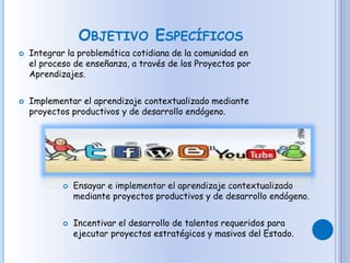 OBJETIVO ESPECÍFICOS
 Integrar la problemática cotidiana de la comunidad en
el proceso de enseñanza, a través de los Proyectos por
Aprendizajes.
 Implementar el aprendizaje contextualizado mediante
proyectos productivos y de desarrollo endógeno.
 Ensayar e implementar el aprendizaje contextualizado
mediante proyectos productivos y de desarrollo endógeno.
 Incentivar el desarrollo de talentos requeridos para
ejecutar proyectos estratégicos y masivos del Estado.
 