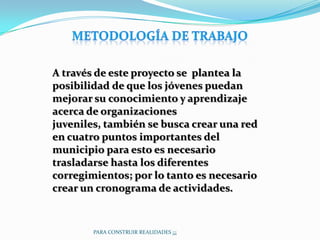 A través de este proyecto se plantea la
posibilidad de que los jóvenes puedan
mejorar su conocimiento y aprendizaje
acerca de organizaciones
juveniles, también se busca crear una red
en cuatro puntos importantes del
municipio para esto es necesario
trasladarse hasta los diferentes
corregimientos; por lo tanto es necesario
crear un cronograma de actividades.


        PARA CONSTRUIR REALIDADES ¡¡¡
 