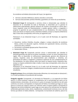 CIPIO DE AGUAZUL
ACUERDO No. _____
“POR EL CUAL SE ADOPTA LA REVISIÓN GENERAL DEL ESQUEMA DE ORDENAMIENTO TERRITORIAL DEL
MUNICIPIO DE SUBACHOQUE” EOT
10
1
Se consideran actividades dotacionales del Grupo I, las siguientes:
 Servicios culturales: bibliotecas, salones culturales o comunales.
 Servicios educacionales: jardines infantiles y guarderías con menos de 30 estudiantes.
2. Dotacional Grupo II: Corresponde a servicios cívicos o dotacionales que atienden la
demanda de la comunidad de todo el Municipio, se desarrollan por lo general en
edificaciones especializadas, generan afluencia de usuarios concentrada en ciertos días y
horas, requieren zonas de estacionamiento y pueden generar tráfico y congestión y
propiciar la aparición de usos complementarios en sus alrededores. Por estas razones,
estos usos tienen un impacto social y urbanístico mediano, aunque su impacto ambiental es
bajo. A esta clase corresponden, entre otros, los siguientes usos:
Pertenecen al uso dotacional Grupo II, en el suelo rural del Municipio, las siguientes
actividades:
 Educativos: Jardines Infantiles, Escuelas, colegios o campus educativo de enseñanza
básica, centros de educación superior, institutos de capacitación técnica, conventos,
centros de culto y similares.
 De fomento a actividades agropecuarias: Plaza de ferias.
 Asistenciales: Clínicas.
3. Dotacional Grupo III: Comprende servicios cívicos o institucionales que atienden la
demanda generada más allá de los límites municipales, es decir, en otros municipios de la
región. Ellos se desarrollan en edificaciones especializadas, generan alta afluencia de
usuarios, requieren zonas de estacionamiento para empleados y visitantes, son
generadores de tráfico y congestión y propician la aparición de usos complementarios en
sus alrededores. Por estas razones, estos usos tienen un impacto social y urbanístico alto,
aunque su impacto ambiental es bajo a medio. A esta clase corresponden, entre otros, los
siguientes usos:
Pertenecen al uso dotacional Grupo III, en el suelo rural del Municipio, las siguientes
actividades: Educativos: Colegios y establecimientos de educación superior con más de 500
estudiantes.
Parágrafo primero: Otras actividades dotacionales diferentes a lo mencionado en dotacional I,
II y III están prohibidas en la jurisdicción del municipio.
Parágrafo segundo: Corresponde a la Secretaría de Planeación y a la inspección de Policía
ejercer el control posterior respecto al cumplimiento de la normatividad por parte de los
establecimientos comerciales y de servicios en cuanto al concepto favorable de uso del suelo
conforme a la norma. Corresponde a la Inspección de Policía o la entidad que haga sus veces,
ejercer el control por impacto urbano con vehículos sobre el espacio público; corresponde al
Organismo de Control Ambiental o quien haga sus veces ejercer los controles por los impactos
ambientales generados (ruido, olores, trepidaciones, contaminación luminosa, etc.); y de más
formas que alteren el medio ambiente. Corresponde a la Secretaría de Gobierno, ejercer los
 