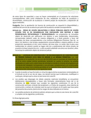 CIPIO DE AGUAZUL
ACUERDO No. _____
“POR EL CUAL SE ADOPTA LA REVISIÓN GENERAL DEL ESQUEMA DE ORDENAMIENTO TERRITORIAL DEL
MUNICIPIO DE SUBACHOQUE” EOT
10
5
de estos tipos de capacidad, o que no hayan contemplado en el proyecto las soluciones
correspondientes, tales como ampliación de vías, ampliación de redes de acueducto y
alcantarillado, construcción de acueducto o sistema propio de recolección y disposición de
aguas residuales.
Parágrafo: Para la aprobación de licencia de construcción se requerirá la disponibilidad y
viabilidad del servicio de acueducto por parte del acueducto veredal correspondiente.
Artículo 120. ÁREAS DE CESIÓN OBLIGATORIA O ÁREAS PÚBLICAS OBJETO DE CESIÓN
(CESIÓN TIPO A) EN DESARROLLOS POR EDIFICACIÓN CON DESTINO A USOS
RESIDENCIALES, DOTACIONALES Y RECREACIONALES. Los propietarios de inmuebles
objeto de desarrollo por edificación con destino a usos residenciales, dotacionales,
recreacionales deberán ceder de manera obligatoria y a título gratuito a favor del
Municipio, las áreas correspondientes a las Cesiones Obligatorias (Cesiones Tipo A), es
decir, con destino a vías locales, equipamiento comunal público y espacio público, en una
proporción equivalente al 20%, como mínimo, del área neta. La cesión tipo A para usos
residenciales se cobrará cuando se hagan más de 4 subdivisiones del mismo predio, de
acuerdo a la base catastral de 2011, y sólo se podrá subdividir una única vez durante 5 años.
Se excluye la subdivisión objeto de sentencia judicial.
Artículo 121. LICENCIAS DE CONSTRUCCIÓN Y DE RECONOCIMIENTO DE CONSTRUCCIONES
EN PREDIOS RURALES CUYA ÁREA ES MENOR A LA MÍNIMA PERMITIDA. ·La UAF
establecida en la resolución 1132 de 2013 del INCODER, para el municipio de Subachoque es
de 8 ha como unidad mínima ponderada, teniendo en cuenta lo anterior, los predios
localizados en suelo rural y sobre áreas de actividad en donde la vivienda del propietario y/o
la vivienda del trabajador corresponden a uso principal, complementario y/o condicionado,
cuya área sea menor de la mínima permitida en la respectiva área, podrán tramitar licencia
de construcción, únicamente, en los siguientes casos:
 Cuando el predio se haya formado en virtud de alguna de las excepciones contempladas en
el Artículo 45 de la Ley 160 de 1994 y las demás normas que la adicionen, modifiquen o
sustituyan, siempre que su área no sea menor de 2.000 M2
.
 Los predios que dispongan de cédula catastral, matrícula inmobiliaria, se encuentren
debidamente desenglobados y hayan sido formados catastralmente hasta del 31 de
diciembre de 2013, siempre que cumplan las siguientes condiciones: El uso de la
construcción será para vivienda del propietario y el índice de ocupación, área máxima de
construcción y número de viviendas sean los que se incluyen en el cuadro que hace parte
del presente documento, dentro de los rangos de área indicados en el mismo.
 Los predios producto de sentencia judicial, siempre que su área no sea menor de 2.000 M2
y cumplan con las siguientes condiciones:
En Áreas Agropecuarias
Rango de área Índice de ocupación Área máxima de Construcción No. Viviendas
Entre 2001 y 5000 M2 100 M2 250 M2 1
 