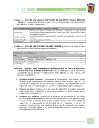 CIPIO DE AGUAZUL
ACUERDO No. _____
“POR EL CUAL SE ADOPTA LA REVISIÓN GENERAL DEL ESQUEMA DE ORDENAMIENTO TERRITORIAL DEL
MUNICIPIO DE SUBACHOQUE” EOT
11
6
Artículo 133. USOS DE LAS ÁREAS DE PROTECCIÓN DE INFRAESTRUCTURA DE SERVICIOS
PÚBLICOS. Los usos de las áreas de protección de la infraestructura de servicios públicos
son los que se indican a continuación:
AREA DE PROTECCION DE INFRAESTRUCTURA DE SERVICIOS PUBLICOS
Uso Principal
Infraestructura para los sistemas de conducción y distribución de agua potable,
recolección y tratamiento de vertimientos líquidos, conducción y distribución de energía
eléctrica y gas domiciliario.
Usos Compatibles
Conservación de suelos y restauración de la vegetación adecuada para la protección de los
mismos.
Usos Condicionados Recreación pasiva o contemplativa.
Usos Prohibidos Todos los demás.
Artículo 134. USOS EN LOS CENTROS POBLADOS RURALES. Se definen los siguientes usos
para los predios que conforman los centros poblados:
SUELO RURAL - CENTROS POBLADOS Ficha No. NUG – R – 15
USOS
Uso Principal Vivienda unifamiliar, agrupada.
Usos Compatibles Comercio y Servicios Grupo I, Dotacional Grupo I.
Usos Condicionados Dotacional Grupo II.
Usos Prohibidos Los demás.
Artículo 135. NORMAS PARA TRATAMIENTO DESARROLLO POR DE PARCELACIÓN EN LOS
CENTROS POBLADOS RURALES. MODALIDADES DE DESARROLLO. Para el desarrollo y
consolidación de los Centros Poblados Rurales podrá optarse por una o varias de las
siguientes modalidades:
1. Individual en lotes existentes: Corresponde al desarrollo de construcciones únicas
en predios ya conformados con respaldo jurídico como cuerpo cierto o a la
adecuación o ampliación de las edificaciones existentes, en cumplimiento de los
índices de ocupación y parámetros de construcción definidos en el presente acuerdo.
2. Dispersa por loteo: Corresponde a procesos de subdivisión de predios existentes
para generar lotes individuales a partir de los cuales se tramitarán licencias de
construcción independientes.
3. Agrupada por proyecto: Corresponde a proyectos de parcelación en los cuales
las unidades privadas mantendrán vínculos relacionados con accesos, servicios, áreas
de uso comunal o sistemas estructurales compartidos, los cuales serán objeto de
reglamento de copropiedad de conformidad con lo establecido en la Ley de
propiedad horizontal. Una vez aprobado el proyecto de agrupación las unidades
privadas y comunales adquirirán la calidad de indivisibles, la cual se registrará en los
folios de matrículas inmobiliarias.
 