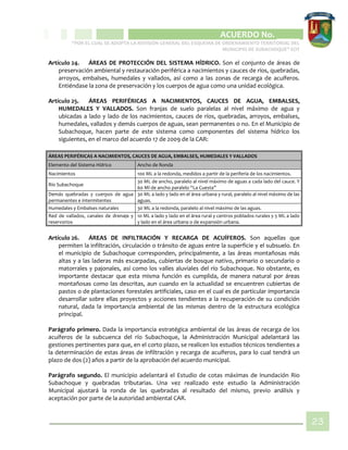 CIPIO DE AGUAZUL
ACUERDO No. _____
“POR EL CUAL SE ADOPTA LA REVISIÓN GENERAL DEL ESQUEMA DE ORDENAMIENTO TERRITORIAL DEL
MUNICIPIO DE SUBACHOQUE” EOT
23
Artículo 24. ÁREAS DE PROTECCIÓN DEL SISTEMA HÍDRICO. Son el conjunto de áreas de
preservación ambiental y restauración periférica a nacimientos y cauces de ríos, quebradas,
arroyos, embalses, humedales y vallados, así como a las zonas de recarga de acuíferos.
Entiéndase la zona de preservación y los cuerpos de agua como una unidad ecológica.
Artículo 25. ÁREAS PERIFÉRICAS A NACIMIENTOS, CAUCES DE AGUA, EMBALSES,
HUMEDALES Y VALLADOS. Son franjas de suelo paralelas al nivel máximo de agua y
ubicadas a lado y lado de los nacimientos, cauces de ríos, quebradas, arroyos, embalses,
humedales, vallados y demás cuerpos de aguas, sean permanentes o no. En el Municipio de
Subachoque, hacen parte de este sistema como componentes del sistema hídrico los
siguientes, en el marco del acuerdo 17 de 2009 de la CAR:
ÁREAS PERIFÉRICAS A NACIMIENTOS, CAUCES DE AGUA, EMBALSES, HUMEDALES Y VALLADOS
Elemento del Sistema Hídrico Ancho de Ronda
Nacimientos 100 ML a la redonda, medidos a partir de la periferia de los nacimientos.
Río Subachoque
30 ML de ancho, paralelo al nivel máximo de aguas a cada lado del cauce. Y
60 Ml de ancho paralelo “La Cuesta”
Demás quebradas y cuerpos de agua
permanentes e intermitentes
30 ML a lado y lado en el área urbana y rural, paralelo al nivel máximo de las
aguas.
Humedales y Embalses naturales 30 ML a la redonda, paralelo al nivel máximo de las aguas.
Red de vallados, canales de drenaje y
reservorios
10 ML a lado y lado en el área rural y centros poblados rurales y 5 ML a lado
y lado en el área urbana o de expansión urbana.
Artículo 26. ÁREAS DE INFILTRACIÓN Y RECARGA DE ACUÍFEROS. Son aquellas que
permiten la infiltración, circulación o tránsito de aguas entre la superficie y el subsuelo. En
el municipio de Subachoque corresponden, principalmente, a las áreas montañosas más
altas y a las laderas más escarpadas, cubiertas de bosque nativo, primario o secundario o
matorrales y pajonales, así como los valles aluviales del río Subachoque. No obstante, es
importante destacar que esta misma función es cumplida, de manera natural por áreas
montañosas como las descritas, aun cuando en la actualidad se encuentren cubiertas de
pastos o de plantaciones forestales artificiales, caso en el cual es de particular importancia
desarrollar sobre ellas proyectos y acciones tendientes a la recuperación de su condición
natural, dada la importancia ambiental de las mismas dentro de la estructura ecológica
principal.
Parágrafo primero. Dada la importancia estratégica ambiental de las áreas de recarga de los
acuíferos de la subcuenca del río Subachoque, la Administración Municipal adelantará las
gestiones pertinentes para que, en el corto plazo, se realicen los estudios técnicos tendientes a
la determinación de estas áreas de infiltración y recarga de acuíferos, para lo cual tendrá un
plazo de dos (2) años a partir de la aprobación del acuerdo municipal.
Parágrafo segundo. El municipio adelantará el Estudio de cotas máximas de inundación Rio
Subachoque y quebradas tributarias. Una vez realizado este estudio la Administración
Municipal ajustará la ronda de las quebradas al resultado del mismo, previo análisis y
aceptación por parte de la autoridad ambiental CAR.
 