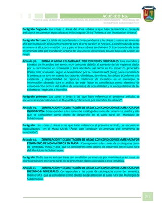 CIPIO DE AGUAZUL
ACUERDO No. _____
“POR EL CUAL SE ADOPTA LA REVISIÓN GENERAL DEL ESQUEMA DE ORDENAMIENTO TERRITORIAL DEL
MUNICIPIO DE SUBACHOQUE” EOT
31
Parágrafo Segundo. Las zonas o áreas del área urbana a que hace referencia el presente
artículo se encuentran espacializadas en los Mapas GR-04 "Amenaza por Inundación Urbana”
Parágrafo Tercero. La tabla de coordenadas correspondiente a las áreas o zonas en amenaza
alta por inundación se pueden encontrar para el área rural en el Anexo C. Coordenadas de áreas
en amenaza alta por remoción rural y para el área urbana en el Anexo D. Coordenadas de áreas
en amenaza alta por inundación urbana del documento denominado Estudio Básico de Gestión del
riesgo.
Artículo 38. ZONAS O ÁREAS EN AMENAZA POR INCENDIOS FORESTALES: Los incendios y
conatos de incendios son temas muy comunes debido al aumento de los registros dados
por su incremento en frecuencia y área afectada, así como en los impactos generados
(Parra, 2011) evaluado. Según lo desarrollado por la consultora AVR (2015) para el análisis de
la amenaza se tuvo en cuenta los factores climáticos, de relieve, históricos (Conforme a la
existencia y disponibilidad de reportes históricos de incendios en el municipio, la
información obtenida para el análisis de este factor es considerada como elemento de
corroboración dentro del análisis de amenaza), de accesibilidad y la susceptibilidad de las
coberturas vegetales a incendios
Parágrafo primero: Las zonas o áreas a las que hace referencia el presente artículo, se
encuentran espacializadas en el Mapa GR-05 "Amenaza por incendios forestales".
Artículo 39. ZONIFICACIÓN Y DELIMITACIÓN DE ÁREAS CON CONDICIÓN DE AMENAZA POR
INUNDACIÓN: Corresponden a las zonas de catalogadas como de amenaza, media y alta
que se consideren como objeto de desarrollo en el suelo rural del Municipio de
Subachoque.
Parágrafo. Las zonas o áreas a las que hace referencia el presente artículo, se encuentran
espacializadas en el Mapa GR-06 "Áreas con condición de amenaza por fenómeno de
inundación".
Artículo 40. ZONIFICACIÓN Y DELIMITACIÓN DE ÁREAS CON CONDICIÓN DE AMENAZA POR
FENOMENO DE MOVIMIENTOS EN MASA. Corresponden a las zonas de catalogadas como
de amenaza, media y alta que se consideren como objeto de desarrollo en el suelo rural
del Municipio de Subachoque.
Parágrafo. Dado que no existen áreas con condición de amenaza por movimientos en masa en
el área urbana ni en el área rural, no se presentan planos asociados a esta temática.
Artículo 41. ZONIFICACIÓN Y DELIMITACIÓN DE ÁREAS CON CONDICIÓN DE AMENAZA POR
INCENDIOS FORESTALES: Corresponden a las zonas de catalogadas como de amenaza,
media y alta que se consideren como objeto de desarrollo en el suelo rural del Municipio de
Subachoque.
 