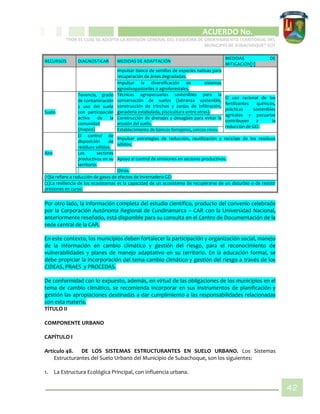 CIPIO DE AGUAZUL
ACUERDO No. _____
“POR EL CUAL SE ADOPTA LA REVISIÓN GENERAL DEL ESQUEMA DE ORDENAMIENTO TERRITORIAL DEL
MUNICIPIO DE SUBACHOQUE” EOT
42
RECURSOS DIAGNOSTICAR MEDIDAS DE ADAPTACIÓN
MEDIDAS DE
MITIGACIÓN[1]
Impulsar banco de semillas de especies nativas para
recuperación de áreas degradadas.
Impulsar la diversificación de sistemas
agrosilvopastoriles o agroforestales.
Suelo
Tenencia, grado
de contaminación
y uso del suelo
con participación
activa de la
comunidad
(mapeo)
Técnicas agropecuarias sostenibles para la
conservación de suelos (labranza sostenible,
construcción de trinchos y zanjas de infiltración,
ganadería estabulada, piscicultura entre otras).
El uso racional de los
fertilizantes químicos,
prácticas sostenibles
agrícolas y pecuarias
contribuyen a la
reducción de GEI.
Construcción de drenajes y desagües para evitar la
erosión del suelo.
Establecimiento de bancos forrajeros, cercos vivos.
Aire
El control de
disposición de
residuos sólidos.
Impulsar estrategias de reducción, reutilización y reciclaje de los residuos
sólidos.
Los sectores
productivos en su
territorio.
Apoyo al control de emisiones en sectores productivos.
Otros.
(1)Se refiere a reducción de gases de efectos de invernadero-GEI
(2)La resiliencia de los ecosistemas es la capacidad de un ecosistema de recuperarse de un disturbio o de resistir
presiones en curso.
Por otro lado, la información completa del estudio científico, producto del convenio celebrado
por la Corporación Autónoma Regional de Cundinamarca – CAR con la Universidad Nacional,
anteriormente reseñado, está disponible para su consulta en el Centro de Documentación de la
sede central de la CAR.
En este contexto, los municipios deben fortalecer la participación y organización social, manejo
de la información en cambio climático y gestión del riesgo, para el reconocimiento de
vulnerabilidades y planes de manejo adaptativo en su territorio. En la educación formal, se
debe propiciar la incorporación del tema cambio climático y gestión del riesgo a través de los
CIDEAS, PRAES y PROCEDAS.
De conformidad con lo expuesto, además, en virtud de las obligaciones de los municipios en el
tema de cambio climático, se recomienda incorporar en sus instrumentos de planificación y
gestión las apropiaciones destinadas a dar cumplimiento a las responsabilidades relacionadas
con esta materia.
TÍTULO II
COMPONENTE URBANO
CAPÍTULO I
Artículo 48. DE LOS SISTEMAS ESTRUCTURANTES EN SUELO URBANO. Los Sistemas
Estructurantes del Suelo Urbano del Municipio de Subachoque, son los siguientes:
1. La Estructura Ecológica Principal, con influencia urbana.
 