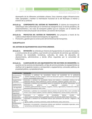 CIPIO DE AGUAZUL
ACUERDO No. _____
“POR EL CUAL SE ADOPTA LA REVISIÓN GENERAL DEL ESQUEMA DE ORDENAMIENTO TERRITORIAL DEL
MUNICIPIO DE SUBACHOQUE” EOT
48
desempeño de las diferentes actividades urbanas. Estos sistemas exigen infraestructuras
viales apropiadas y facilitan la interrelación funcional de la del Municipio al interior y
exterior de su contexto.
Artículo 59. COMPONENTES DEL SISTEMA DE TRANSPORTE. El sistema de transporte de
Subachoque está conformado por el terminal de transporte local, la red de paraderos, de
estacionamientos y las rutas de transporte público que en conjunto con el sistema vial
permiten la intercomunicación vial al interior y al exterior del municipio.
Artículo 60. PROYECTOS DEL SISTEMA DE TRANSPORTE. Son proyectos a través de los
cuales se desarrollará el sistema de transporte, los siguientes:
1. Promoción y gestión para la construcción del terminal local de transportes.
SUBCAPÍTULO IV
DEL SISTEMA DE EQUIPAMIENTOS COLECTIVOS URBANOS
Artículo 61. DEFINICIÓN. Se entiende por Sistema de Equipamientos el conjunto de espacios
y construcciones de uso público, cuya función es la prestación de servicios que atienden y
satisfacen las necesidades recreativas, culturales, de salud, de educación, de
abastecimiento, administrativas y demás afines requeridas por la comunidad de
Subachoque.
Artículo 62. CLASIFICACIÓN DE LOS EQUIPAMIENTOS POR SECTORES DE DESEMPEÑO. De
acuerdo con los sectores de desempeño y el tipo de servicio prestado, los equipamientos se
clasifican de la siguiente manera y corresponden a equipamientos comunales públicos, de
propiedad pública, o propiedad privada:
CLASIFICACIÓN DEFINICIÓN
Equipamientos
Educativos:
Destinados a satisfacer las necesidades básicas de escolaridad de la población:
- Jardines Infantiles, escuelas, colegios, centros de educación superior, Institutos de capacitación
técnica, universidades entre otros.
Equipamientos
culturales:
Destinados a satisfacer las necesidades básicas del intelecto y actividades artísticas de los
habitantes: Museos, Teatro, bibliotecas, centros culturales, auditorios, galerías, entre otros.
Equipamientos
Administrativos
y de Seguridad:
Destinados a satisfacer las necesidades básicas en prestación de servicios relacionados con la
administración, gobierno y seguridad ciudadana y son:
- Entidades gubernamentales, estación, Juzgados, notarias, registraduría, instalaciones militares,
estaciones de bomberos, entre otros.
Equipamientos
Recreativos y
Deportivos:
Destinados a satisfacer las necesidades básicas práctica de ejercicio físico como actividad de
recreo u ocio: Coliseo Cubierto, Canchas cubiertas, Polideportivo, cancha acústica, entre otros.
Equipamientos
Asistenciales:
Destinados a satisfacer las necesidades básicas sociales de:
- Salud. Puestos de Salud, clínicas, guarderías, centros de atención adulto mayor entre otros.
Equipamientos
religiosos y de
culto:
Destinados a satisfacer las necesidades básicas para prestación de servicios religiosos y de
culto:
- Iglesia, capillas, conventos, seminarios, sedes de diferentes cultos, entre otros.
Equipamientos
Servicios
especiales:
Destinados a la prestación y dotaciones urbanas que satisfacen necesidades especiales como:
- Cementerios, terminales de transporte, entre otros.
 