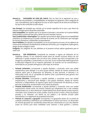 CIPIO DE AGUAZUL
ACUERDO No. _____
“POR EL CUAL SE ADOPTA LA REVISIÓN GENERAL DEL ESQUEMA DE ORDENAMIENTO TERRITORIAL DEL
MUNICIPIO DE SUBACHOQUE” EOT
53
Artículo 73. CATEGORÍAS DE USOS DEL SUELO. Para los fines de la asignación de usos y
definición de prioridades y compatibilidades, se distinguen las siguientes cuatro categorías de
usos, entendiéndose que la asignación de usos se hace respecto de las áreas de actividad en
las que ha sido zonificado el suelo urbano.
Uso Principal: Uso deseable que coincide con la función específica de la zona y que ofrece las
mayores ventajas para el desarrollo sustentable.
Usos Compatibles: Son aquellos que no se oponen al principal y concuerdan con la potencialidad,
productividad y protección del suelo y demás recursos naturales conexos.
Usos Condicionados o Restringidos: Son aquellos que presentan algún grado de incompatibilidad
urbanística y/o ambiental que se puede controlar de acuerdo con las condiciones que impongan
las normas urbanísticas y ambientales correspondientes.
Usos Prohibidos: Son aquellos incompatibles con el uso principal de una zona, con los objetivos de
conservación ambiental y de planificación ambiental y territorial y, por consiguiente, implica graves
riesgos de tipo ecológico y social.
Parágrafo: Las categorías de usos definidas en el presente artículo aplican igualmente para el
suelo rural.
Artículo 74. USO RESIDENCIAL. Comprende las viviendas o lugares de habitación de los
residentes urbanos. El uso residencial puede darse de manera exclusiva dentro de una
edificación o puede compartir esta con otros usos, siempre que estos correspondan a las
categorías compatible o condicionada, en cuyo caso, el uso condicionado deberá garantizar
la adecuada mitigación de los impactos generados. De acuerdo con las características e
intensidad de uso, pueden distinguirse cuatro tipos de vivienda:
1. Vivienda Unifamiliar: Corresponde a aquella diseñada y construida como una unidad
arquitectónica para albergar a un único grupo familiar, dotada de manera autónoma de
espacios aptos para la preparación de alimentos, el aseo personal, el descanso y el
intercambio social. No es susceptible de dividirse total o parcialmente para generar otra
unidad habitacional adicional.
2. Vivienda Bifamiliar: Corresponde a aquella diseñada y construida como una unidad
arquitectónica y estructural para albergar a dos grupos familiares, dotada de manera
autónoma e independiente, de espacios aptos para la preparación de alimentos, el aseo
personal, el descanso, el intercambio social y áreas de parqueo.
3. Vivienda Multifamiliar: Corresponde a aquella diseñada y construida como una unidad
arquitectónica donde existe una división material que independiza tres o más unidades
habitacionales con un área mínima por unidad habitacional, donde además existen espacios
comunales como escaleras de acceso, pasillos, área de acceso y recibo y áreas de parqueo
privados y de visitantes. Los bienes de uso público y de dominio privado están
subordinados a un reglamento de propiedad horizontal.
 Vivienda en conjuntos o agrupada: Corresponde a la agrupación dentro de un predio de
unidades unifamiliares, bifamiliares y/o multifamiliares al interior del mismo. Los desarrollos
de vivienda agrupada son considerados desarrollos por urbanización en cuyo caso deberán
acatar las normas para dicha modalidad como cesiones a título gratuito y cesiones
 