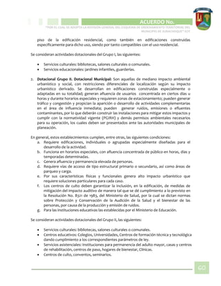 CIPIO DE AGUAZUL
ACUERDO No. _____
“POR EL CUAL SE ADOPTA LA REVISIÓN GENERAL DEL ESQUEMA DE ORDENAMIENTO TERRITORIAL DEL
MUNICIPIO DE SUBACHOQUE” EOT
60
piso de la edificación residencial, como también en edificaciones construidas
específicamente para dicho uso, siendo por tanto compatibles con el uso residencial.
Se consideran actividades dotacionales del Grupo I, las siguientes:
 Servicios culturales: bibliotecas, salones culturales o comunales.
 Servicios educacionales: jardines infantiles, guarderías.
2. Dotacional Grupo II. Dotacional Municipal: Son aquellas de mediano impacto ambiental
urbanístico y social, con restricciones diferenciales de localización según su impacto
urbanístico derivado. Se desarrollan en edificaciones construidas especialmente o
adaptadas en su totalidad; generan afluencia de usuarios concentrada en ciertos días u
horas y durante horarios especiales y requieren zonas de estacionamiento; pueden generar
tráfico y congestión y propician la aparición o desarrollo de actividades complementarias
en el área de influencia inmediata; pueden generar ruidos, emisiones o efluentes
contaminantes, por lo que deberán construir las instalaciones para mitigar estos impactos y
cumplir con la normatividad vigente (PGIRH) y demás permisos ambientales necesarios
para su operación, los cuales deben ser presentados ante las autoridades municipales de
planeación.
En general, estos establecimientos cumplen, entre otras, las siguientes condiciones:
a. Requiere edificaciones, individuales o agrupadas especialmente diseñadas para el
desarrollo de la actividad.
b. Funciona en horarios especiales, con afluencia concentrada de público en horas, días y
temporadas determinadas.
c. Genera afluencia y permanencia elevada de personas.
d. Requiere vías de acceso de tipo estructural primario o secundario, así como áreas de
parqueo y carga.
e. Por sus características físicas y funcionales genera alto impacto urbanístico que
requiere soluciones particulares para cada caso.
f. Los centros de culto deben garantizar la inclusión, en la edificación, de medidas de
mitigación del impacto auditivo de manera tal que se dé cumplimiento a lo previsto en
la Resolución No. 8321 de 1983, del Ministerio de Salud, por la cual se dictan normas
sobre Protección y Conservación de la Audición de la Salud y el bienestar de las
personas, por causa de la producción y emisión de ruidos.
g. Para las instituciones educativas las establecidas por el Ministerio de Educación.
Se consideran actividades dotacionales del Grupo II, las siguientes:
 Servicios culturales: bibliotecas, salones culturales o comunales.
 Centros educativos: Colegios, Universidades, Centros de formación técnica y tecnológica
dando cumplimiento a los correspondientes parámetros de ley.
 Servicios asistenciales: Instituciones para permanencia del adulto mayor, casas y centros
de rehabilitación, centros de paso, hogares de bienestar, Clínicas.
 Centros de culto, conventos, seminarios.
 