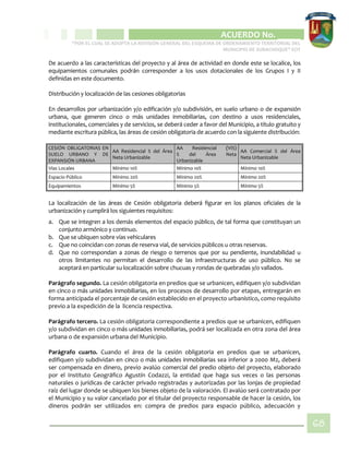 CIPIO DE AGUAZUL
ACUERDO No. _____
“POR EL CUAL SE ADOPTA LA REVISIÓN GENERAL DEL ESQUEMA DE ORDENAMIENTO TERRITORIAL DEL
MUNICIPIO DE SUBACHOQUE” EOT
68
De acuerdo a las características del proyecto y al área de actividad en donde este se localice, los
equipamientos comunales podrán corresponder a los usos dotacionales de los Grupos I y II
definidas en este documento.
Distribución y localización de las cesiones obligatorias
En desarrollos por urbanización y/o edificación y/o subdivisión, en suelo urbano o de expansión
urbana, que generen cinco o más unidades inmobiliarias, con destino a usos residenciales,
institucionales, comerciales y de servicios, se deberá ceder a favor del Municipio, a título gratuito y
mediante escritura pública, las áreas de cesión obligatoria de acuerdo con la siguiente distribución:
CESIÓN OBLIGATORIAS EN
SUELO URBANO Y DE
EXPANSIÓN URBANA
AA Residencial % del Área
Neta Urbanizable
AA Residencial (VIS)
% del Área Neta
Urbanizable
AA Comercial % del Área
Neta Urbanizable
Vías Locales Mínimo 10% Mínimo 10% Mínimo 10%
Espacio Público Mínimo 20% Mínimo 20% Mínimo 20%
Equipamientos Mínimo 5% Mínimo 5% Mínimo 5%
La localización de las áreas de Cesión obligatoria deberá figurar en los planos oficiales de la
urbanización y cumplirá los siguientes requisitos:
a. Que se integren a los demás elementos del espacio público, de tal forma que constituyan un
conjunto armónico y continuo.
b. Que se ubiquen sobre vías vehiculares
c. Que no coincidan con zonas de reserva vial, de servicios públicos u otras reservas.
d. Que no correspondan a zonas de riesgo o terrenos que por su pendiente, inundabilidad u
otros limitantes no permitan el desarrollo de las infraestructuras de uso público. No se
aceptará en particular su localización sobre chucuas y rondas de quebradas y/o vallados.
Parágrafo segundo. La cesión obligatoria en predios que se urbanicen, edifiquen y/o subdividan
en cinco o más unidades inmobiliarias, en los procesos de desarrollo por etapas, entregarán en
forma anticipada el porcentaje de cesión establecido en el proyecto urbanístico, como requisito
previo a la expedición de la licencia respectiva.
Parágrafo tercero. La cesión obligatoria correspondiente a predios que se urbanicen, edifiquen
y/o subdividan en cinco o más unidades inmobiliarias, podrá ser localizada en otra zona del área
urbana o de expansión urbana del Municipio.
Parágrafo cuarto. Cuando el área de la cesión obligatoria en predios que se urbanicen,
edifiquen y/o subdividan en cinco o más unidades inmobiliarias sea inferior a 2000 M2, deberá
ser compensada en dinero, previo avalúo comercial del predio objeto del proyecto, elaborado
por el Instituto Geográfico Agustín Codazzi, la entidad que haga sus veces o las personas
naturales o jurídicas de carácter privado registradas y autorizadas por las lonjas de propiedad
raíz del lugar donde se ubiquen los bienes objeto de la valoración. El avalúo será contratado por
el Municipio y su valor cancelado por el titular del proyecto responsable de hacer la cesión, los
dineros podrán ser utilizados en: compra de predios para espacio público, adecuación y
 
