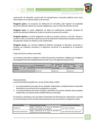 CIPIO DE AGUAZUL
ACUERDO No. _____
“POR EL CUAL SE ADOPTA LA REVISIÓN GENERAL DEL ESQUEMA DE ORDENAMIENTO TERRITORIAL DEL
MUNICIPIO DE SUBACHOQUE” EOT
69
construcción de alamedas, construcción de equipamientos comunales públicos entre otros
relacionados con el espacio público y de servicios.
Parágrafo quinto. Los proyectos de edificación de inmuebles, bajo régimen de propiedad
horizontal, deberán realizar las Cesiones obligatorias, a que se refiere el presente artículo.
Parágrafo sexto. La cesión obligatoria no aplica en subdivisiones prediales resultado de
sentencias judiciales mediante las cuales se resuelvan procesos de sucesión.
Parágrafo séptimo. La cesión obligatoria no aplica en predios menores a 1000 M2, siempre y
cuando en ellos se pretenda realizar proyectos de edificación individual de inmuebles urbanos o
de expansión urbana con destino a usos residenciales.
Parágrafo octavo. Las cesiones obligatoria deberán entregarse al Municipio construidas y
dotadas con mobiliario recreativo y o deportivo, conforme a lo aprobado en el respectivo
proyecto
Proporción de las cesiones comunales
Las Cesiones comunales se exigirán en todos los proyectos urbanísticos cobijados por el régimen
de propiedad horizontal, independientemente del uso, en las siguientes proporciones:
CESIÓN COMUNALES EN SUELO
URBANO Y DE EXPANSIÓN
URBANA
AA Residencial %
del Área Neta Urbanizable
AA Residencial (VIS)
% del Área Neta
Urbanizable
AA Comercial %
del Área Neta
Urbanizable
Mínimo 5% Mínimo 3% Mínimo 5%
Estacionamientos
Los estacionamientos pueden ser, a su vez, de dos clases, a saber:
1. Los estacionamientos privados de las unidades residenciales y establecimientos comerciales
destinados al uso exclusivo de los propietarios o usuarios.
2. Los estacionamientos de servicio al público, destinados al uso de los visitantes de las unidades
residenciales o los clientes de los establecimientos comerciales.
En proyectos urbanísticos a los que aplica el tratamiento de desarrollo por urbanización, se tendrá
en cuenta la proporción de área para estacionamientos que se presenta en el siguiente cuadro:
Área de Actividad Estacionamientos Privados Estacionamientos de Visitantes
Residencial
Según Tratamiento en el Área de Actividad en
donde el uso residencial se permita.
1 por cada 5 viviendas
Comercial y de Servicios
Según Tratamiento en el Área de Actividad en
donde el uso comercial se permita.
1 por cada 100 M2 de construcción
 
