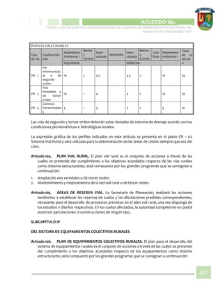 CIPIO DE AGUAZUL
ACUERDO No. _____
“POR EL CUAL SE ADOPTA LA REVISIÓN GENERAL DEL ESQUEMA DE ORDENAMIENTO TERRITORIAL DEL
MUNICIPIO DE SUBACHOQUE” EOT
92
PERFILES VIALES RURALES
Tipo
de Vía
Clasificación
Vial
Aislamiento
Ambiental 1
Berma
y
Cuneta
Semi-
calzada
Separador
Semi-
calzada
Berma
y
Cuneta
Ciclo
Ruta
Aislamiento
Ambiental 1
Total
de la
secció
nIZQUIERDA DERECHA
VR - 2
Vía
Intermunicip
al o de
segundo
orden
16 2 4.5 4.5 2 16 45
VR - 3
Vías
Veredales o
de tercer
orden
10 1 4 4 1 10 30
VR - 4
Caminos
intraveredale
s
3 1 3 3 1 3 14
Las vías de segundo y tercer orden deberán estar dotadas de sistema de drenaje acorde con las
condiciones pluviométricas e hidrológicas locales.
La expresión gráfica de los perfiles indicados en este artículo se presenta en el plano CR – 02
Sistema Vial Rural y será utilizada para la determinación de las áreas de cesión siempre que sea del
caso.
Artículo 104. PLAN VIAL RURAL. El plan vial rural es el conjunto de acciones a través de las
cuales se pretende dar cumplimiento a los objetivos acordados respecto de las vías rurales
como sistema estructurante, está compuesto por los grandes programas que se consignan a
continuación:
1. Ampliación vías veredales o de tercer orden.
2. Mantenimiento y mejoramiento de la red vial rural o de tercer orden.
Artículo 105. ÁREAS DE RESERVA VIAL. La Secretaría de Planeación, realizará las acciones
tendientes a establecer las reservas de suelos y las afectaciones prediales correspondientes,
necesarias para el desarrollo de proyectos previstos en el plan vial rural, una vez disponga de
los estudios y diseños respectivos. En los suelos afectados, la autoridad competente no podrá
autorizar parcelaciones ni construcciones de ningún tipo.
SUBCAPÍTULO IV
DEL SISTEMA DE EQUIPAMIENTOS COLECTIVOS RURALES
Artículo 106. PLAN DE EQUIPAMIENTOS COLECTIVOS RURALES. El plan para el desarrollo del
sistema de equipamientos rurales es el conjunto de acciones a través de las cuales se pretende
dar cumplimiento a los objetivos acordados respecto de los equipamientos como sistema
estructurante, está compuesto por los grandes programas que se consignan a continuación:
 