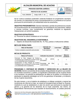 ALCALDÍA MUNICIPAL DE ACACÍAS
PROCESO GESTIÓN JURÍDICA
PROYECTO DE ACUERDO
Fecha: 29/04/2016 Código: GJUR – F – 02 Versión: 1
Carrera 14 #. 13-30. Piso 3. Barrio Centro. Código Postal: 507001 PBX: (57+8) 6569125
Línea de Atención al Usuario: 01 8000 112 996 Correo Electrónico: sprivada@acacias-meta.gov.
Página Web: www.acacias-meta.gov.co Twitter: @AlcaldiaAcacias Facebook: Alcaldia de Acacias
15
Así la “cultura ciudadana sostenible” pretende fortalecer el cumplimiento voluntario
de normas y la capacidad de actuar conscientemente en un ambiente en el cual se
promueva la comunicación y la solidaridad entre los acacireños.
OBJETIVO PROGRAMÁTICO: Generar identidad y sentido de pertenencia a través
de la transformación de comportamientos y la consolidación de costumbres, hábitos
y normas mínimas, cuyo cumplimiento se garantiza mediante la regulación
interpersonal y el control ciudadano.
OBJETIVO ESTRATÉGICO:
a) Promover la cultura ciudadana en el municipio
OBJETIVOS DEL DESARROLLO SOSTENIBLE.
 Objetivo de Desarrollo Sostenible No. 16. Paz, justicia e instituciones sólidas
META DE RESULTADO.
Meta de Resultado
Indicador de
Resultado
Línea base
Meta de
Resultado
Cultura ciudadana acacireña estructurada % de cobertura 0% 100%
METAS DE PRODUCTO
Metas de Producto Indicador de producto Línea base
Meta de
producto
Formular el Plan Integral de Cultura
Ciudadana que contribuya al control social
y a la solidaridad entre ciudadanos.
No. de planes
formulados
0 1
Implementar el Plan Integral de Cultura
Ciudadana que contribuya al control social
y la solidaridad entre ciudadanos.
Porcentaje del Plan
implementado
0 50%
PROGRAMA 5: ENFOQUE DE GÉNERO Y DERECHOS DE LA MUJER EN
ACACÍAS. Siendo conscientes de las amplias desigualdades de género que existen
en el ámbito económico y político, el significativo desempleo de las mujeres frente
a los hombres y la precaria la participación de ellas en la política, el municipio ha
planteado la siguiente estrategia con el fin de garantizar el bienestar y el derecho
de las mujeres acacireñas.
De esta manera, y con el objetivo de establecer un diálogo constante y mejorar las
condiciones de vida de la mujer, se creará la Consejería para la Mujer en Acacías,
mediante la cual se establecerá un plan de acción que promueva la equidad de
género y la garantía de los derechos de la mujer acacireña. Así mismo, se
desarrollarán intervenciones que impulsen el reconocimiento, el cuidado personal,
 