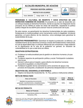 ALCALDÍA MUNICIPAL DE ACACÍAS
PROCESO GESTIÓN JURÍDICA
PROYECTO DE ACUERDO
Fecha: 29/04/2016 Código: GJUR – F – 02 Versión: 1
Carrera 14 #. 13-30. Piso 3. Barrio Centro. Código Postal: 507001 PBX: (57+8) 6569125
Línea de Atención al Usuario: 01 8000 112 996 Correo Electrónico: sprivada@acacias-meta.gov.
Página Web: www.acacias-meta.gov.co Twitter: @AlcaldiaAcacias Facebook: Alcaldia de Acacias
20
PROGRAMA 8: CULTURAL DE RESPETO Y GOCE EFECTIVO DE LOS
DERECHOS HUMANOS EN ACACÍAS. El presente es un plan de desarrollo con
un enfoque basado en Derechos Humanos, donde se apunta a la integración de los
principios de los DDHH en todas las áreas del desarrollo, respetando la política
pública integral de los DDHH para avanzar hacia la construcción de la paz.
De esta manera, se garantizarán los derechos fundamentales de cada ciudadano,
fortaleciendo la institucionalidad como herramienta contra la ilegalidad, brindando
garantías y el goce efectivo de los derechos, única estrategia para garantizar la
sostenibilidad de la paz.
OBJETIVO PROGRAMÁTICO: Garantizar el respeto la protección, la defensa y el
restablecimiento de los derechos humanos a través del fortalecimiento institucional,
el cual se desarrollará bajo un enfoque diferencial que comprenda y haga prelación
en la dignificación de la vida de la población en general, en situación de
vulnerabilidad en lo que a este tema se refiere.
OBJETIVOS ESTRATÉGICOS:
a) Fortalecer la institucionalidad para la gestión en derechos humanos y la paz
territorial
b) Fortalecer espacios de participación política y social. Participación ciudadana
para la paz
c) Generar cultura para el respeto y goce efectivo de derechos humanos
buscando la igualdad y no discriminación.
d) Fortalecer la gestión de los cementerios como acciones de apoyo a los
procesos de búsqueda y localización de personas desaparecidas en Colombia
OBJETIVOS DEL DESARROLLO SOSTENIBLE:
 Objetivo de Desarrollo Sostenible No. 16. Paz, justicia e instituciones sólidas
META DE RESULTADO
Meta de Resultado
Indicador de
Resultado
Línea
base
Meta de
Resultado
Medidas de garantías de promoción,
protección, reconocimiento y restablecimiento
de Derechos Humanos en el municipio
% de medidas de
protección
100% 100%
METAS DE PRODUCTO
Metas de Producto
Indicador de
producto
Línea
Base
Meta de
producto
Capacitación a los servidores públicos en Derechos
Humanos y Paz.
No. de
capacitaciones
0 10
 
