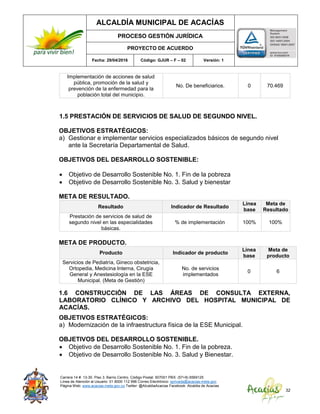 ALCALDÍA MUNICIPAL DE ACACÍAS
PROCESO GESTIÓN JURÍDICA
PROYECTO DE ACUERDO
Fecha: 29/04/2016 Código: GJUR – F – 02 Versión: 1
Carrera 14 #. 13-30. Piso 3. Barrio Centro. Código Postal: 507001 PBX: (57+8) 6569125
Línea de Atención al Usuario: 01 8000 112 996 Correo Electrónico: sprivada@acacias-meta.gov.
Página Web: www.acacias-meta.gov.co Twitter: @AlcaldiaAcacias Facebook: Alcaldia de Acacias
32
Implementación de acciones de salud
pública, promoción de la salud y
prevención de la enfermedad para la
población total del municipio.
No. De beneficiarios. 0 70.469
1.5 PRESTACIÓN DE SERVICIOS DE SALUD DE SEGUNDO NIVEL.
OBJETIVOS ESTRATÉGICOS:
a) Gestionar e implementar servicios especializados básicos de segundo nivel
ante la Secretaría Departamental de Salud.
OBJETIVOS DEL DESARROLLO SOSTENIBLE:
 Objetivo de Desarrollo Sostenible No. 1. Fin de la pobreza
 Objetivo de Desarrollo Sostenible No. 3. Salud y bienestar
META DE RESULTADO.
Resultado Indicador de Resultado
Línea
base
Meta de
Resultado
Prestación de servicios de salud de
segundo nivel en las especialidades
básicas.
% de implementación 100% 100%
META DE PRODUCTO.
Producto Indicador de producto
Línea
base
Meta de
producto
Servicios de Pediatría, Gineco obstetricia,
Ortopedia, Medicina Interna, Cirugía
General y Anestesiología en la ESE
Municipal. (Meta de Gestión)
No. de servicios
implementados
0 6
1.6 CONSTRUCCIÓN DE LAS ÁREAS DE CONSULTA EXTERNA,
LABORATORIO CLÍNICO Y ARCHIVO DEL HOSPITAL MUNICIPAL DE
ACACÍAS.
OBJETIVOS ESTRATÉGICOS:
a) Modernización de la infraestructura física de la ESE Municipal.
OBJETIVOS DEL DESARROLLO SOSTENIBLE.
 Objetivo de Desarrollo Sostenible No. 1. Fin de la pobreza.
 Objetivo de Desarrollo Sostenible No. 3. Salud y Bienestar.
 
