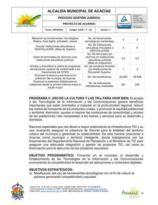 ALCALDÍA MUNICIPAL DE ACACÍAS
PROCESO GESTIÓN JURÍDICA
PROYECTO DE ACUERDO
Fecha: 29/04/2016 Código: GJUR – F – 02 Versión: 1
Carrera 14 #. 13-30. Piso 3. Barrio Centro. Código Postal: 507001 PBX: (57+8) 6569125
Línea de Atención al Usuario: 01 8000 112 996 Correo Electrónico: sprivada@acacias-meta.gov.
Página Web: www.acacias-meta.gov.co Twitter: @AlcaldiaAcacias Facebook: Alcaldia de Acacias
39
Mantener las herramientas Tecnológicas
Reaica, Aula digital, scholastic, eleven
No. de herramientas
tecnológicas mantenidas.
4 4
Vincular instituciones educativas a
REDVOLUCIÓN. (Meta de Gestión)
No. De Instituciones
educativas vinculados a
REDVOLUCIÓN.
0 5
Dotar de terminales por alumnos a las
instituciones educativas públicas.
No. De terminales por
alumnos en instituciones
educativas públicas
(Meta en proporción)
0,5 0,5
Ampliar y diversificar la oferta de programas
de educación superior de conformidad a los
lineamientos del ICFES
No. de convenios firmados
con Instituciones de
Educación Superior.
1 2
Promover la lectura y escritura en la
población del municipio de Acacías
No. De beneficiarios. 20.483 26.628
Promover la extensión bibliotecaria en
habitantes desde la primera infancia hasta el
adulto mayor
No. de extensiones
bibliotecarias realizadas.
261 339
PROGRAMA 5: USO DE LA CULTURA Y LAS TICs PARA VIVIR BIEN. El acceso
a las Tecnologías de la Información y las Comunicaciones genera beneficios
importantes que están orientados a impactar en la productividad regional, reducir
los costos de transporte de los productos rurales, y promover la equidad poblacional
y territorial. Asimismo, ayudan a mejorar las condiciones de conectividad y acceso
de las poblaciones más necesitadas a los bienes y servicios para su desarrollo y
bienestar.
Razones especiales que nos llevan a seguir potenciando la infraestructura TIC y su
uso, buscando asegurar la cobertura de Internet para la totalidad del territorio
urbano del municipio y garantizar su sostenibilidad. De esta manera, posicionar a
Acacías como municipio y territorio inteligente, donde trabajaremos con los
lineamientos del Departamento Nacional de Planeación y el Ministerio de TIC para
asegurar una adecuada integración y gestión de proyectos TIC, así como la
financiación para la ejecución de los proyectos asociados.
OBJETIVO PROGRAMÁTICO: Fomentar en el municipio el desarrollo y
fortalecimiento de las Tecnologías de la Información y las Comunicaciones
promoviendo la competitividad el desarrollo de aplicaciones y contenidos digitales.
OBJETIVOS ESTRATÉGICOS:
a) Masificación del uso de herramientas tecnológicas con el fin de reducir la
pobreza generando competitividad y equidad.
 