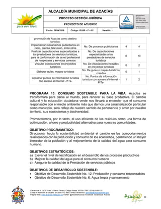 ALCALDÍA MUNICIPAL DE ACACÍAS
PROCESO GESTIÓN JURÍDICA
PROYECTO DE ACUERDO
Fecha: 29/04/2016 Código: GJUR – F – 02 Versión: 1
Carrera 14 #. 13-30. Piso 3. Barrio Centro. Código Postal: 507001 PBX: (57+8) 6569125
Línea de Atención al Usuario: 01 8000 112 996 Correo Electrónico: sprivada@acacias-meta.gov.
Página Web: www.acacias-meta.gov.co Twitter: @AlcaldiaAcacias Facebook: Alcaldia de Acacias
49
promoción de Acacías como destino
turístico.
Implementar mecanismos publicitarios en
radio, prensa, televisión, entre otros
No. De procesos publicitarios 4 4
Realizar capacitaciones especializadas a
los prestadores de servicios turísticos,
para la conformación de la red profesional
de hospedajes y servicios conexos
No. De capacitaciones
especializadas a los
prestadores de servicios
turísticos
6 10
Vincular asociaciones en proyectos
turísticos
No. De Asociaciones incluidas
en proyectos turísticos
0 2
Elaborar guías, mapas turísticos
No. De guías o mapas turísticos
creadas
0 1
Construir puntos de información turística
con acceso al internet -PITs-
No. Puntos de información
turística con acceso al internet -
PITs-
1 2
PROGRAMA 10: CONSUMO SOSTENIBLE PARA LA VIDA. Acacías se
transformará para darse al mundo, para renovar su base productiva. El cambio
cultural y la educación ciudadana verde nos llevará a entender que el consumo
responsable con el medio ambiente más que darnos una caracterización particular
como municipio, será reflejo de nuestro sentido de pertenencia y amor por nuestro
territorio, sus ecosistemas y biodiversidad.
Promoveremos, por lo tanto, el uso eficiente de los residuos como una forma de
optimización, ahorro y productividad alternativa para nuestras comunidades.
OBJETIVO PROGRAMÁTICO:
Direccionar hacia la sostenibilidad ambiental el cambio en los comportamientos
relacionados con la producción y consumo de los acacireños, permitiendo un mayor
bienestar de la población y al mejoramiento de la calidad del agua para consumo
humano.
OBJETIVOS ESTRATÉGICOS:
a) Elevar el nivel de tecnificación en el desarrollo de los procesos productivos
b) Mejorar la calidad del agua para el consumo humano
c) Asegurar la calidad de la Prestación de servicios públicos
OBJETIVOS DE DESARROLLO SOSTENIBLE:
 Objetivo de Desarrollo Sostenible No. 12. Producción y consumo responsables
 Objetivo de Desarrollo Sostenible No. 6. Agua limpia y saneamiento
 