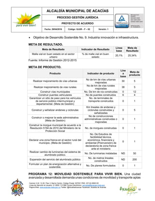 ALCALDÍA MUNICIPAL DE ACACÍAS
PROCESO GESTIÓN JURÍDICA
PROYECTO DE ACUERDO
Fecha: 29/04/2016 Código: GJUR – F – 02 Versión: 1
Carrera 14 #. 13-30. Piso 3. Barrio Centro. Código Postal: 507001 PBX: (57+8) 6569125
Línea de Atención al Usuario: 01 8000 112 996 Correo Electrónico: sprivada@acacias-meta.gov.
Página Web: www.acacias-meta.gov.co Twitter: @AlcaldiaAcacias Facebook: Alcaldia de Acacias
52
 Objetivo de Desarrollo Sostenible No. 9. Industria innovación e infraestructura.
META DE RESULTADO.
Meta de Resultado Indicador de Resultado
Línea
base
Meta de
Resultado
Malla vial en buen estado en el sector
urbano
% de malla vial en buen
estado
20,1% 25,34%
Fuente: Informe de Gestión 2012-2015
META DE PRODUCTO.
Producto Indicador de producto
Líne
a
base
Meta de
producto
Realizar mejoramiento de vías urbanas
No de km de vías urbanas
mejoradas
30 5
Realizar mejoramiento de vías rurales
No de km de vías rurales
mejoradas
38 5
Construir vías municipales No. De km de vía construidas 0 12
Construir puentes vehiculares No de puentes construidos 6 4
Garantizar un sitio de paso para los vehículos
de servicio público intermunicipal y
departamental. (Meta de Gestión)
No. de terminales de
transporte construidos 0 1
Construir y señalizar andenes y ciclorutas
Km lineales de andenes y
ciclorutas construidas y
señalizadas
0 5
Construir o mejorar la sede administrativa
(Meta de Gestión)
No de construcciones
administrativas construidas o
mejoradas
0 1
Construir la morgue municipal de acuerdo a la
Resolución 5194 de 2010 del Ministerio de la
Protección Social
No. de morgues construidas 0 1
Declarar una zona franca en el sector rural del
municipio. (Meta de Gestión)
No. De Estudios de
factibilidad técnica,
económica, financiera y
ambiental (Preinversión) de
declaratoria de zona franca
ante el ministerio
0 1
Realizar cambio de luminarias del sistema de
alumbrado público.
No. De luminarias instaladas ND 50
Expansión del servicio del alumbrado público
No. de metros lineales
construidos
ND 200
Formular un plan de energización alternativa y
sostenible.
No. De planes formulados 0 1
PROGRAMA 12: MOVILIDAD SOSTENIBLE PARA VIVIR BIEN. Una ciudad
avanzada y desarrollada demanda unas condiciones de movilidad y transporte aptas
 